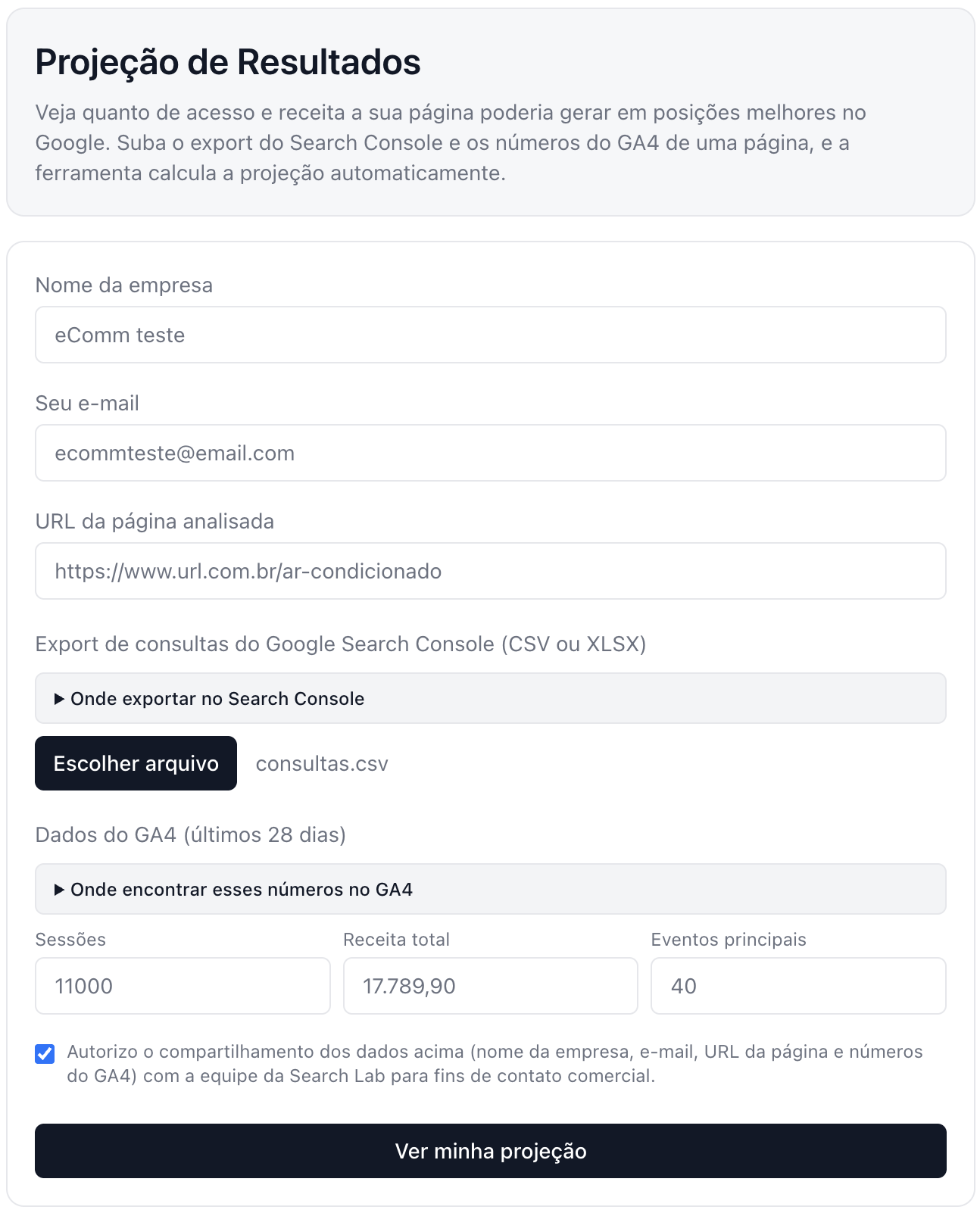 Tela de entrada da ferramenta de projeção SEO para e-commerce com dados do GA4 e GSC