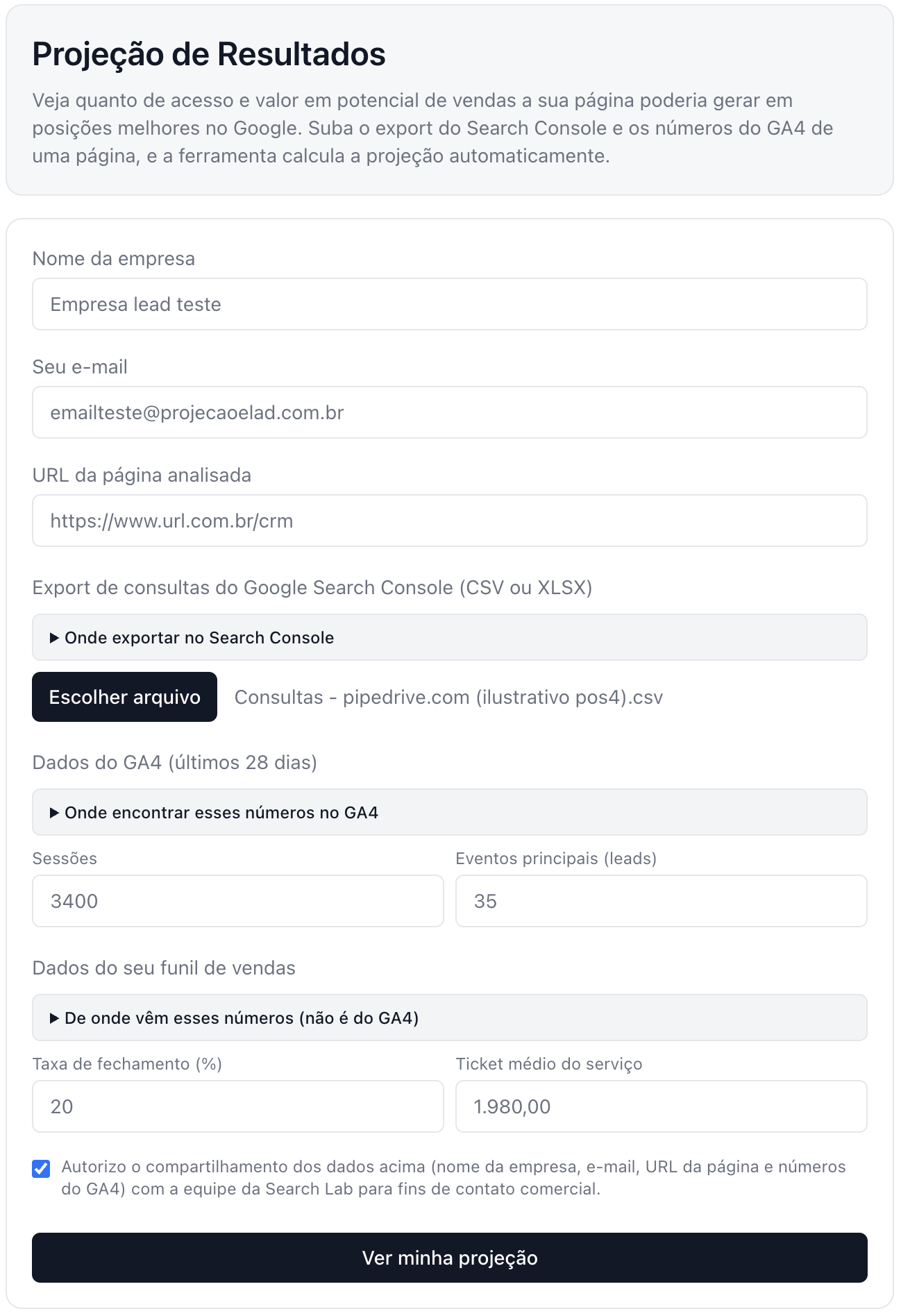 Tela de entrada da ferramenta de projeção SEO para geração de leads com dados do GA4, GSC e funil comercial