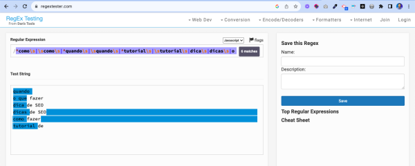 print do teste de expressão regex criada para esse conteúdo através do regextester.com